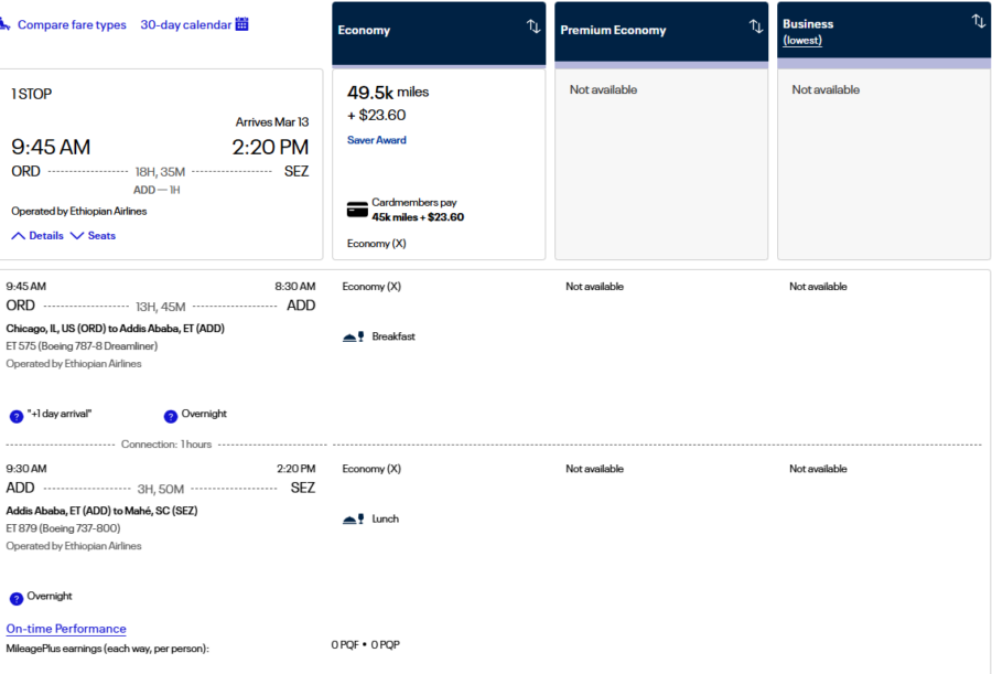 Reach Further Using Partner Award Flights - United miles example for flights to Seychelles including travel on Ethiopian Airlines