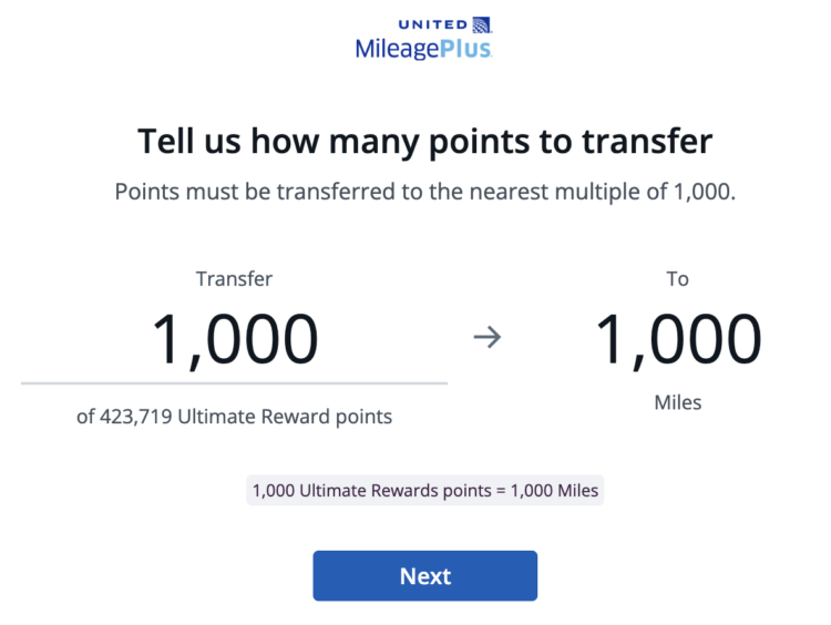 The next step is is deciding how many points you want to transfer from Chase to United. Credit: Chase
