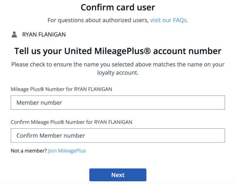 The next step is entering your MileagePlus number to link your United account with Chase. Credit: Chase