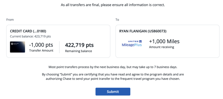 The last step of the transfer process is clicking “Submit.” Credit: Chase