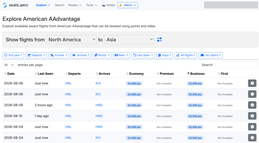 Seats.aero search results showing American AAdvantage awards from North America to Asia