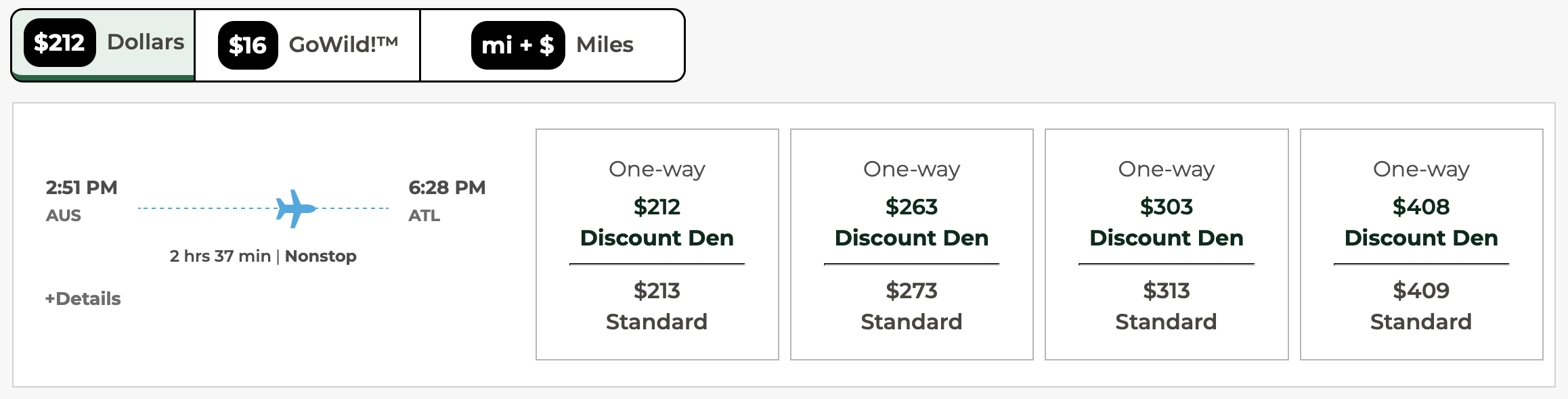 Frontier flight search results for a flight from AUS to ATL