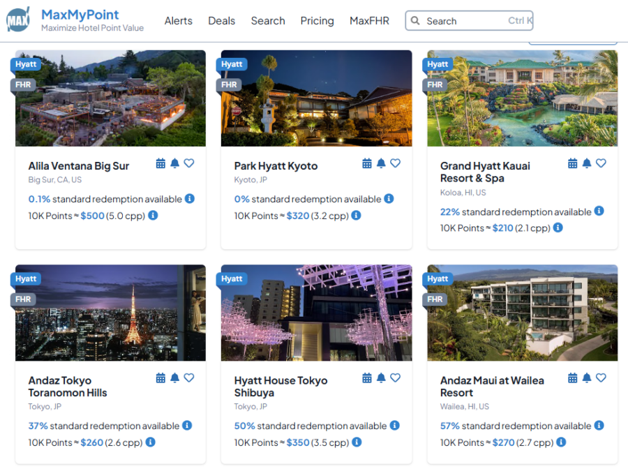 MaxMyPoint home page featuring several hotels