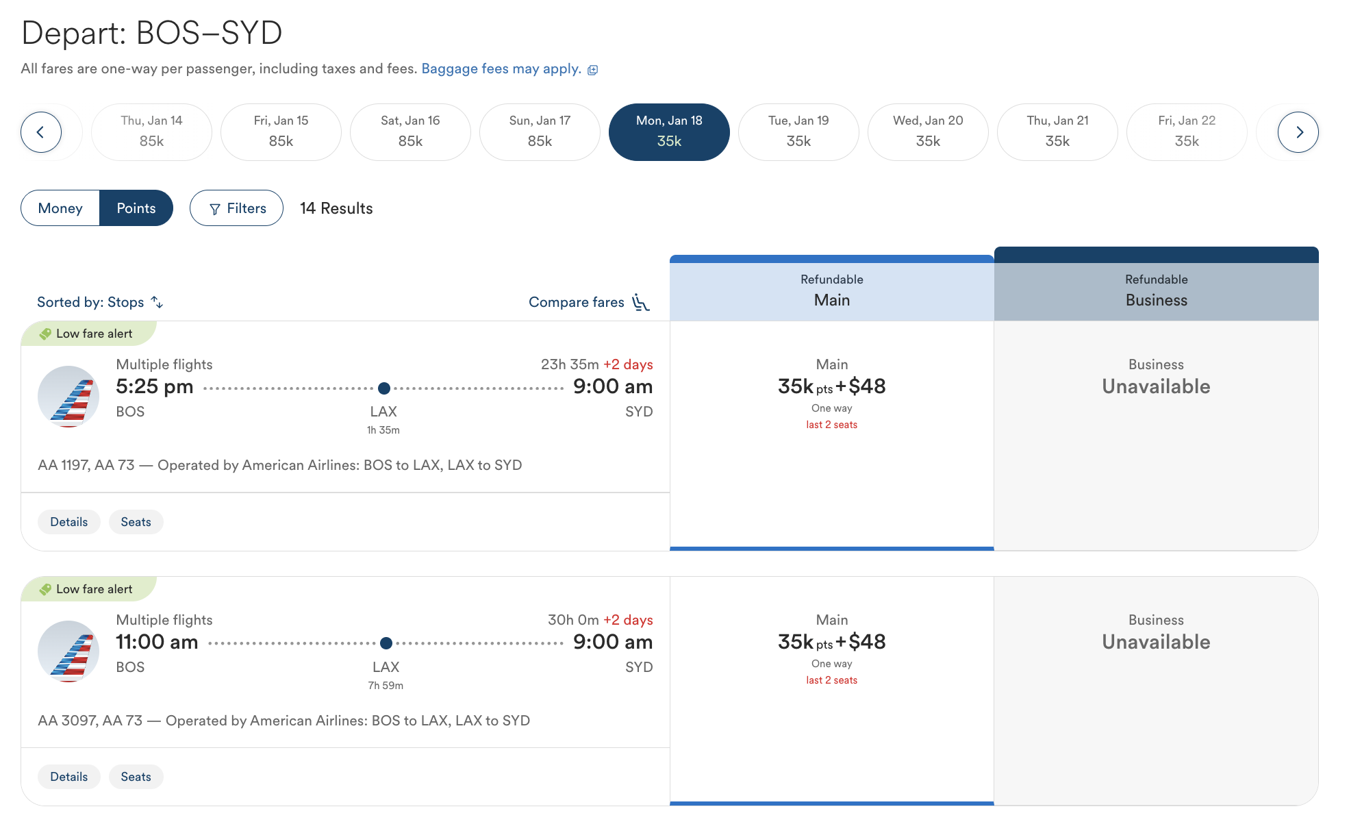 Alaska Airlines award seach result from BOS to SYD
