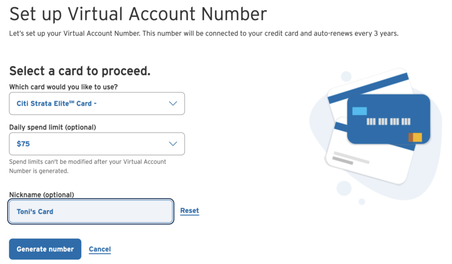 Citi Virtual Account Number set up page