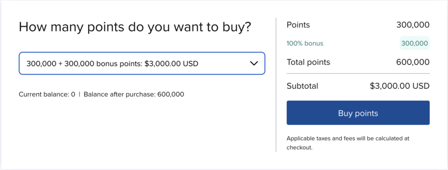 Example purchase of Hilton Honors points with a 100% bonus