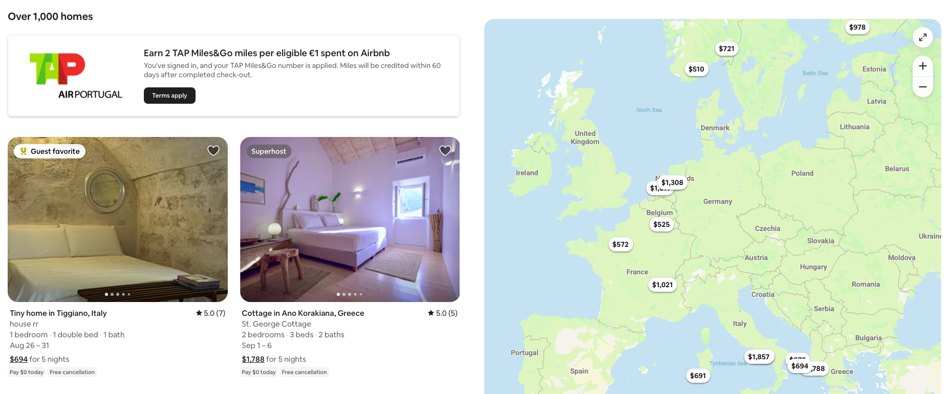 Airbnb map of homes in Europe with disclaimer about earning TAP Air Portugal miles