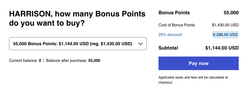 Buy Hyatt points with a 20% discount transaction details