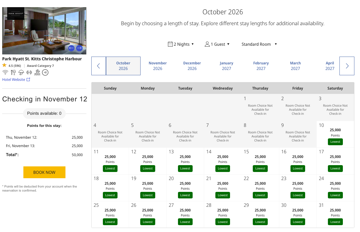 Park Hyatt St. Kitts Christophe Harbour points calendar October 2026