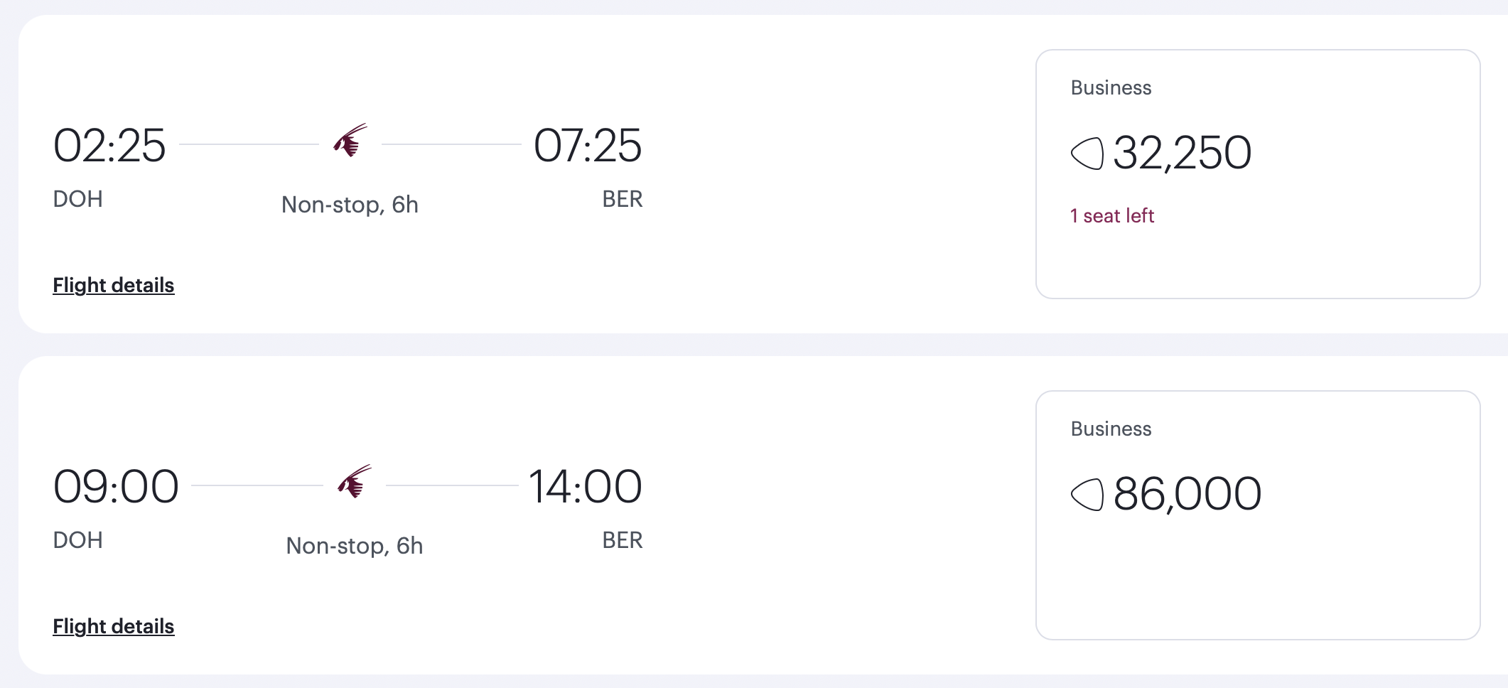 Qatar award search results for a flight from DOH to BER