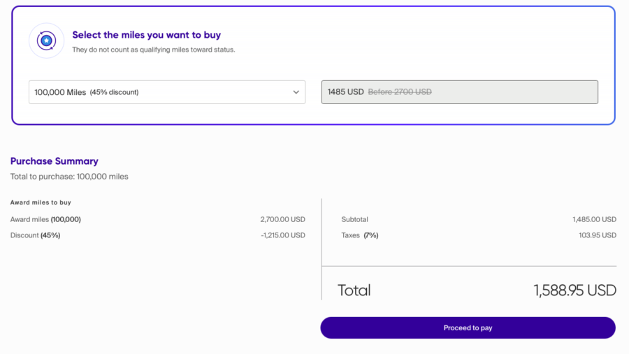 Buy 100,000 Copa miles with a 45% discount transaction page