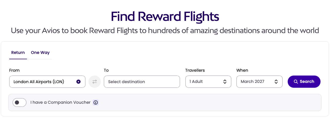 Avios new award calendar search page