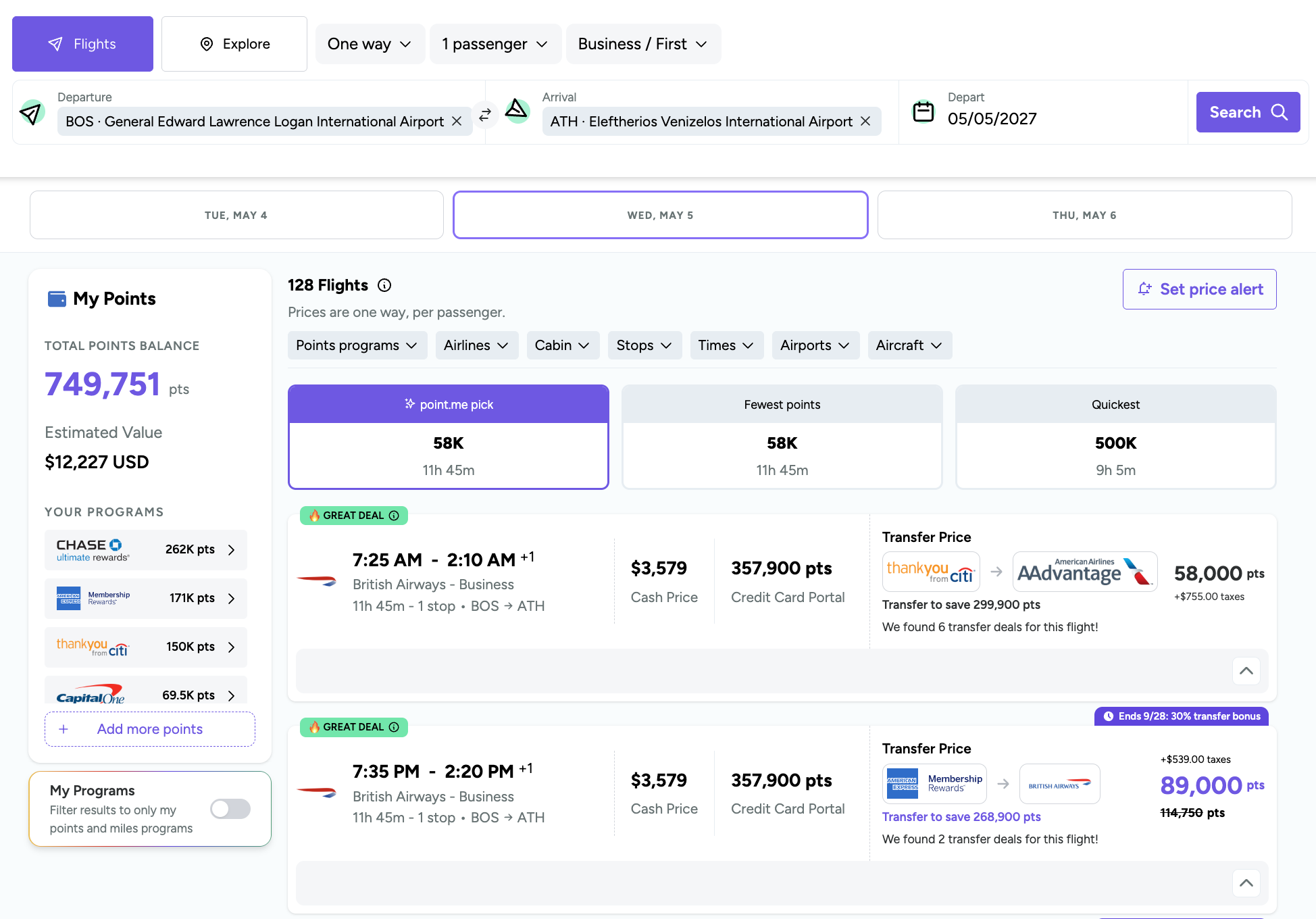 Point.me search result for a flight from BOS to ATH