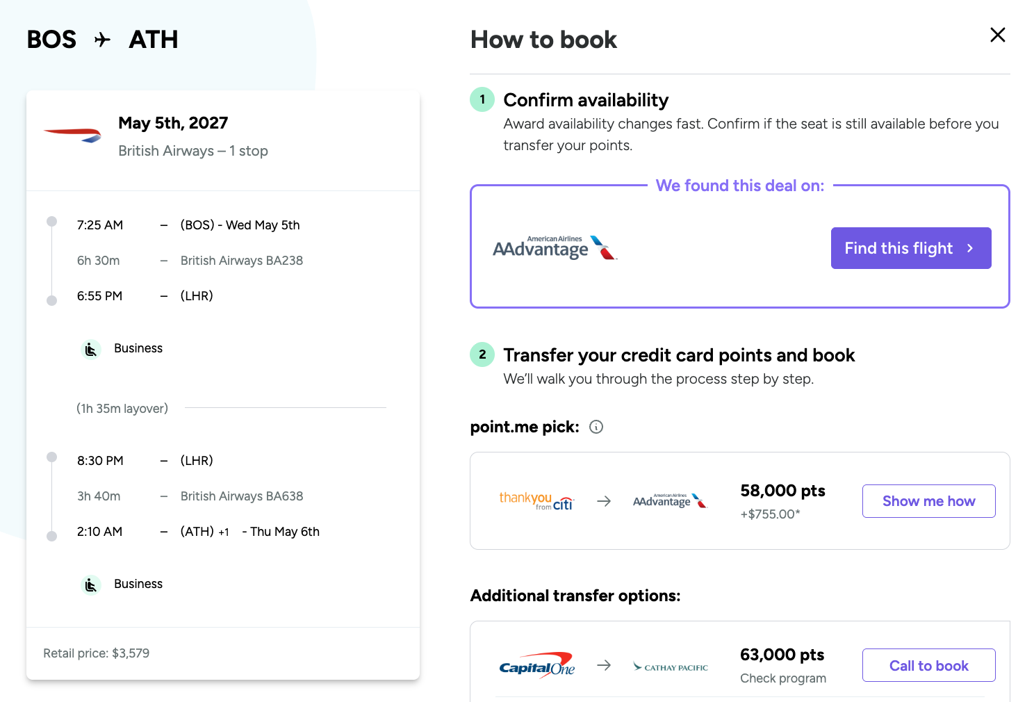 How to book BOS to ATH award on Point.me