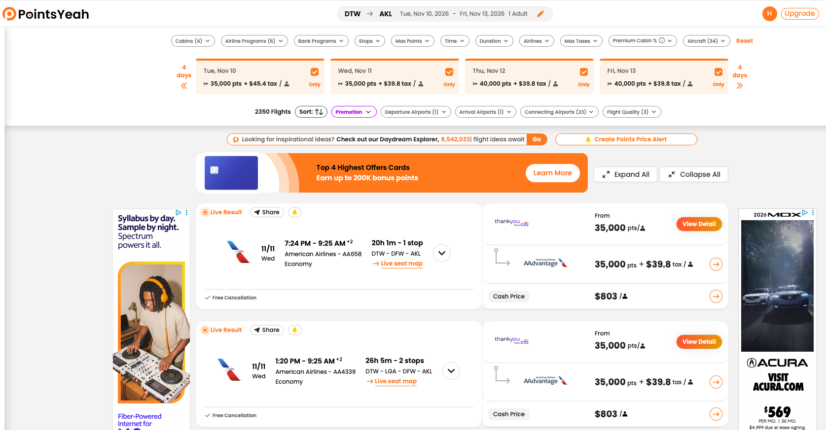 PointsYeah search page for a flight from DTW to AKL
