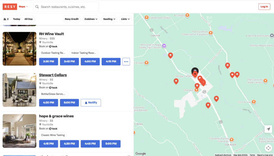 Resy search results displaying Tock wineries