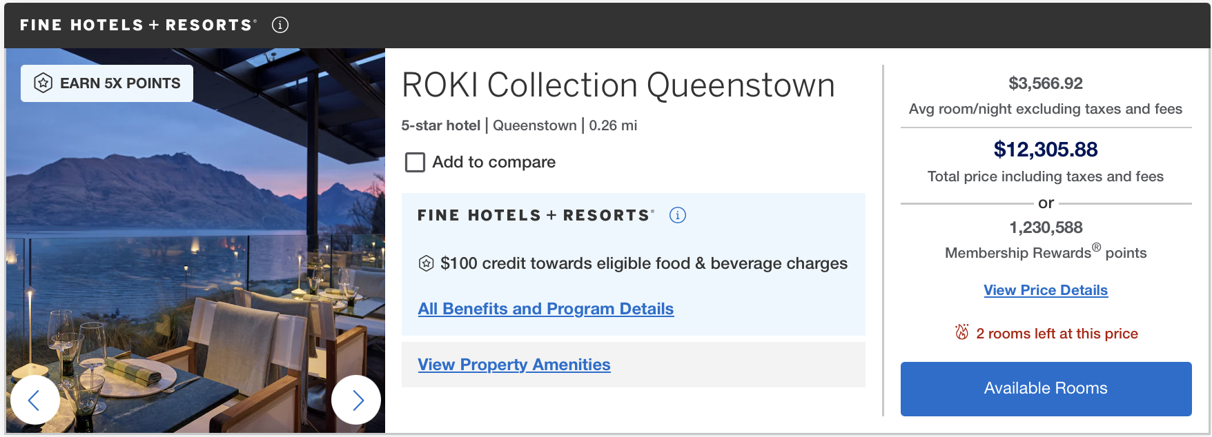 Amex Travel search result for ROKI Collection Queenstown