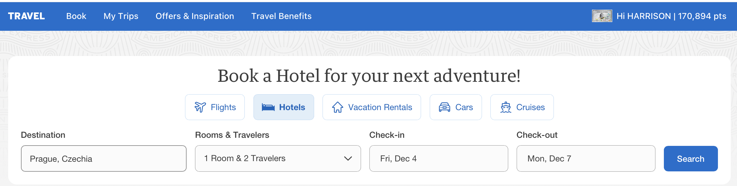 Amex Travel homepage