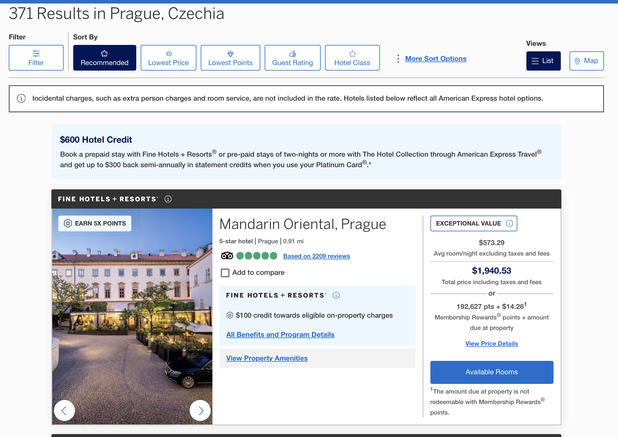 Amex Travel search results for hotels in Prague