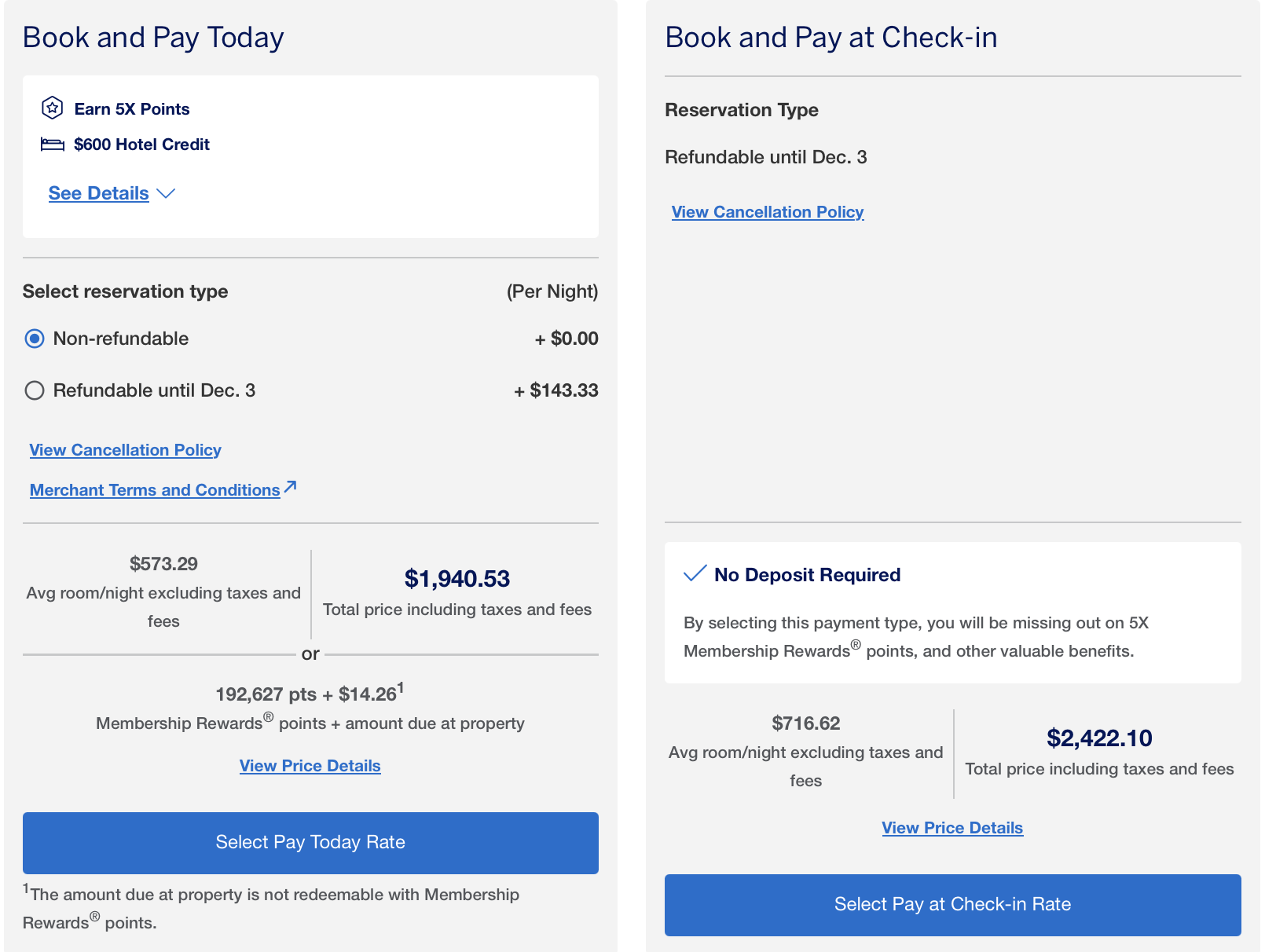 Payment methods for hotel through Amex Travel