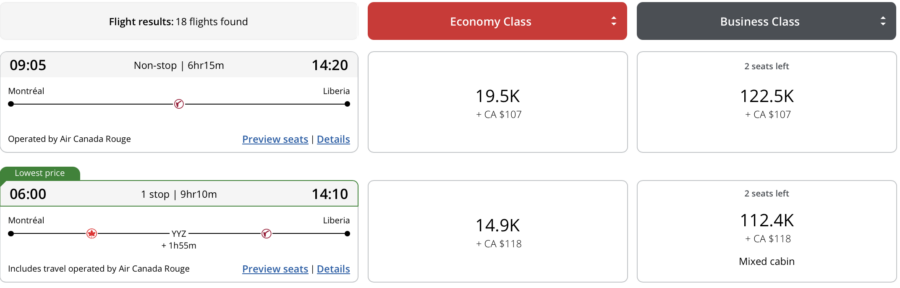Air Canada search result for flight from Montreal to Liberia using Aeroplan points
