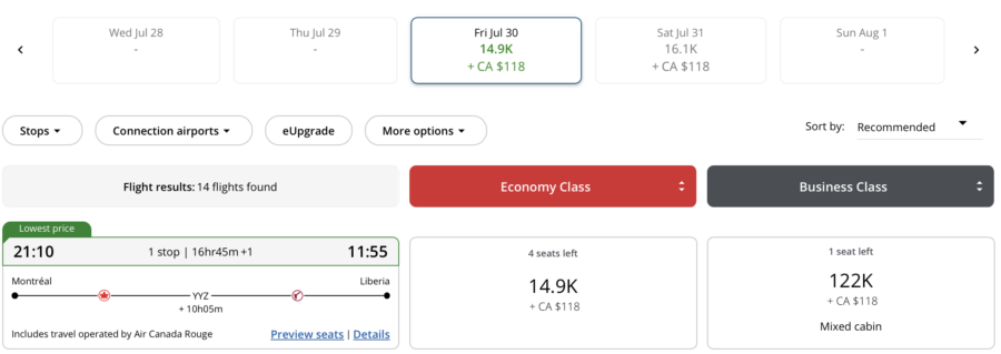 Air Canada search results for a flight from Montreal to Liberia in July 2027