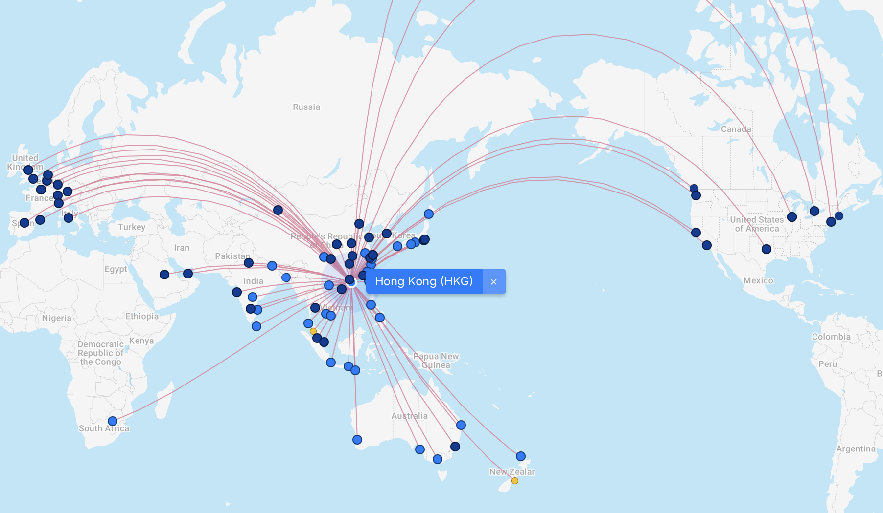 Cathay Pacific route map from Hong Kong. 