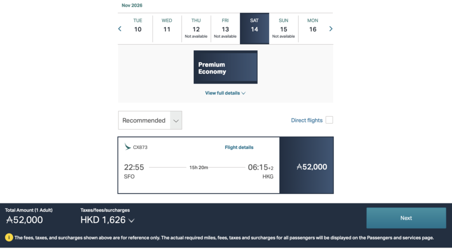 Cathay award search result for flight from SFO to HKG in premium economy