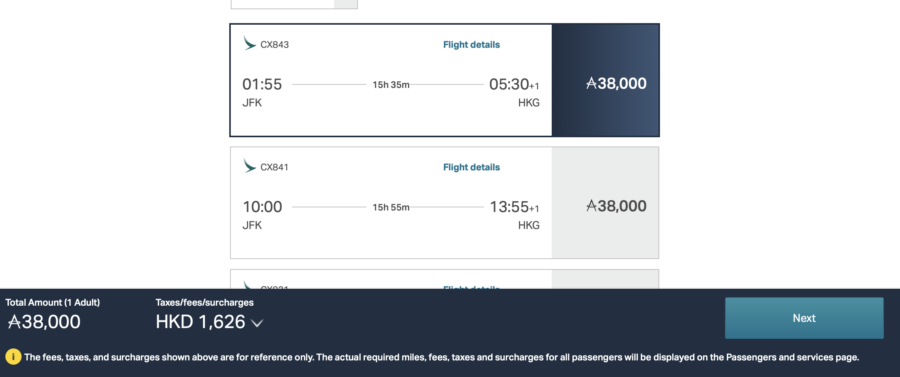 Cathay award search result for flight from JFk to HKG in economy