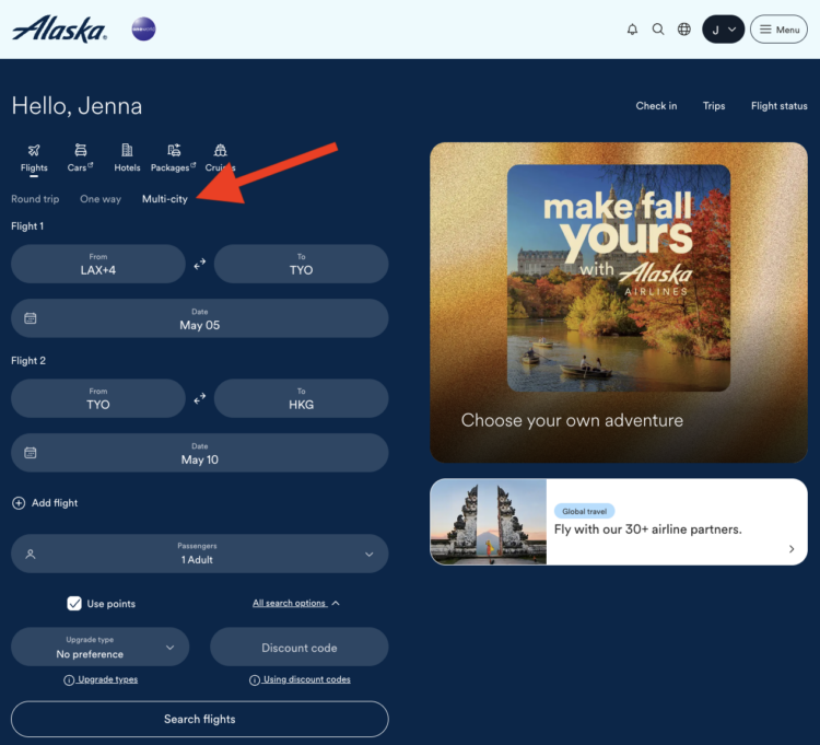 Alaska Airlines search page showing a multi-city search from LAX to TYO to HKG