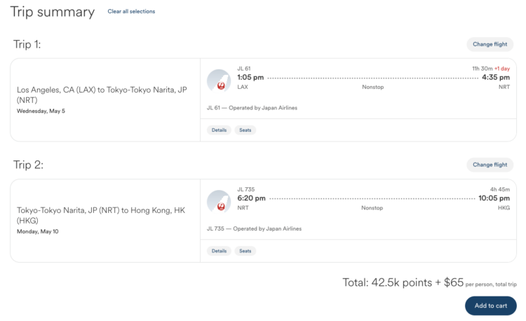 Alaska Airlines multi-city itinerary with flights from LAX to NRT to HKG