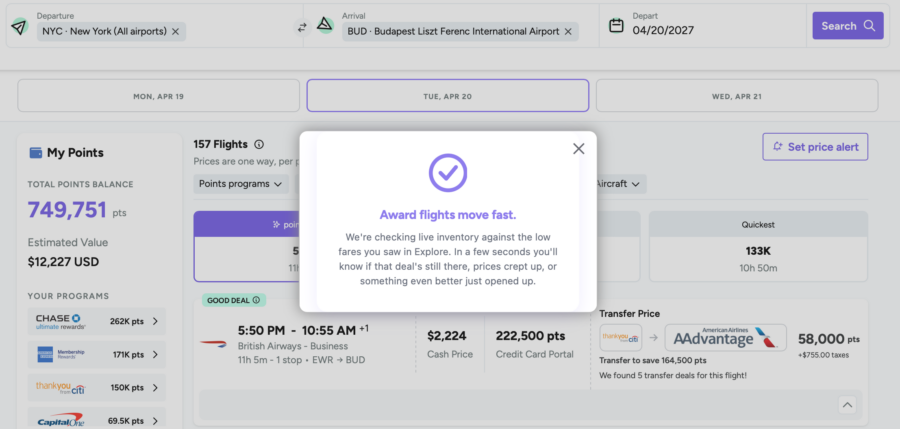 Point.me search results for flight from NYC to BUD with pop-up displayed