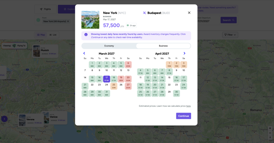 Point.me award map from NYC to BUD