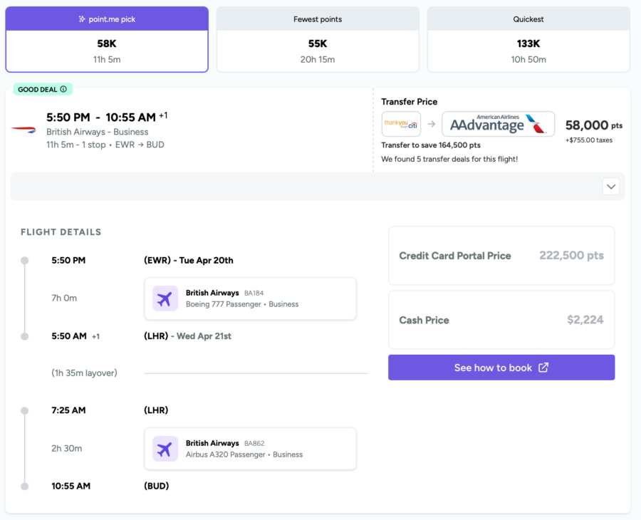 Point.me search result for British Airways flight from EWR to BUD