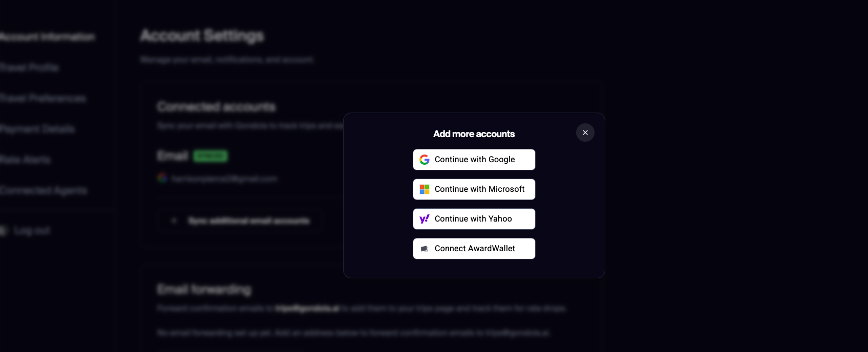 Gondola account settings page to link AwardWallet
