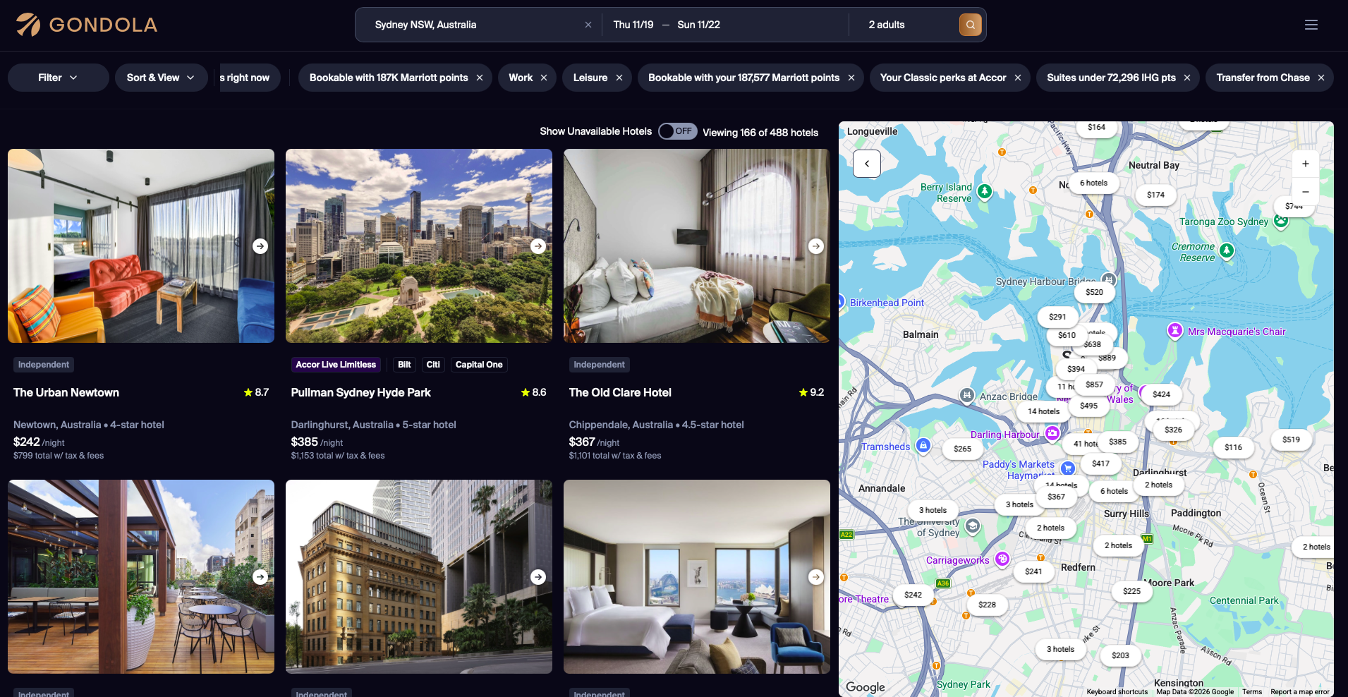 Gondola search page for Sydney hotels