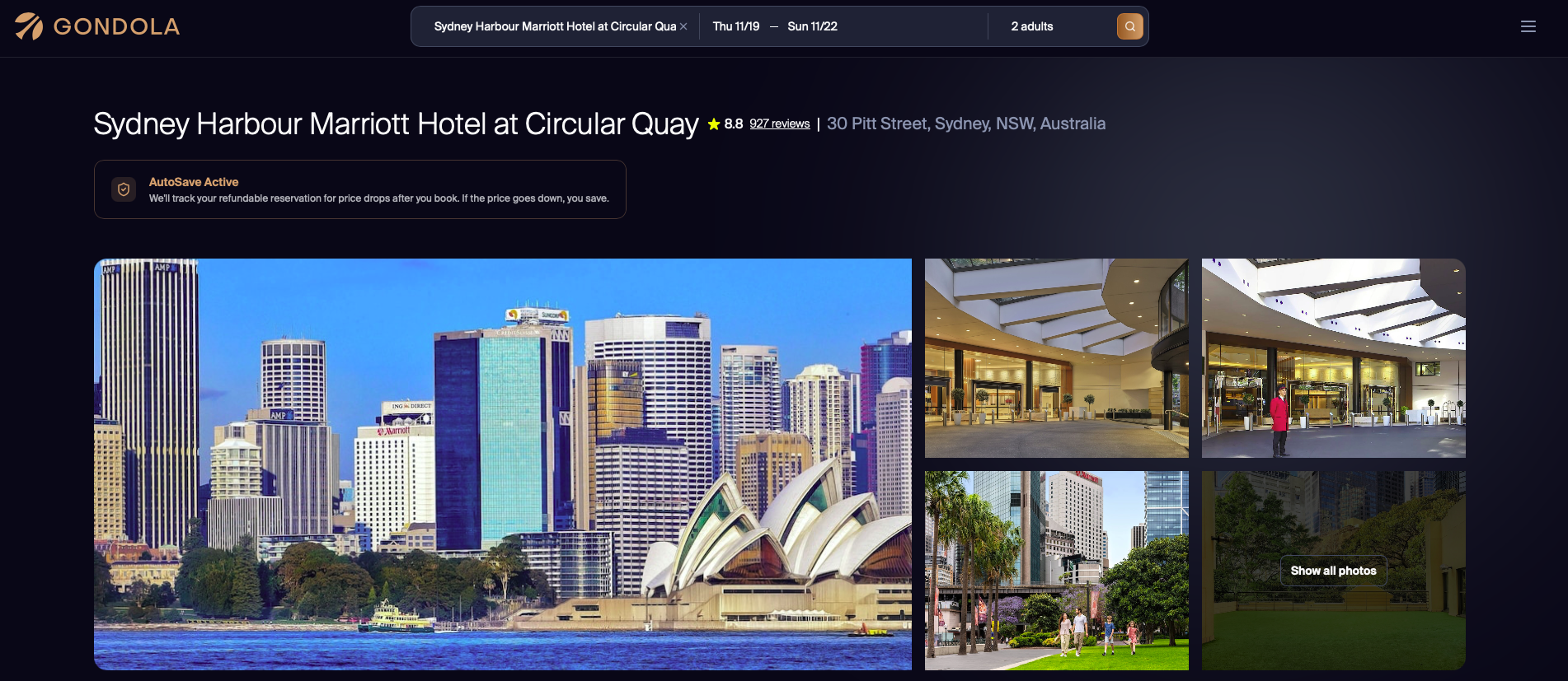 Gondola booking page for Sydney Harbour Marriott Hotel at Circular Quay