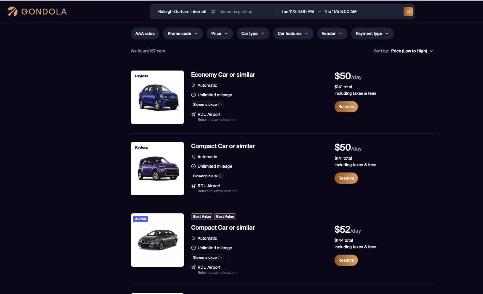Gondola car rental search page