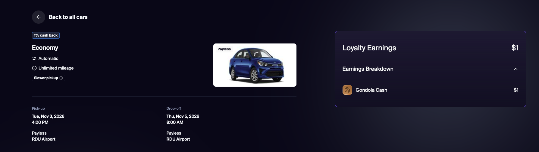 Gondola car rental booking page