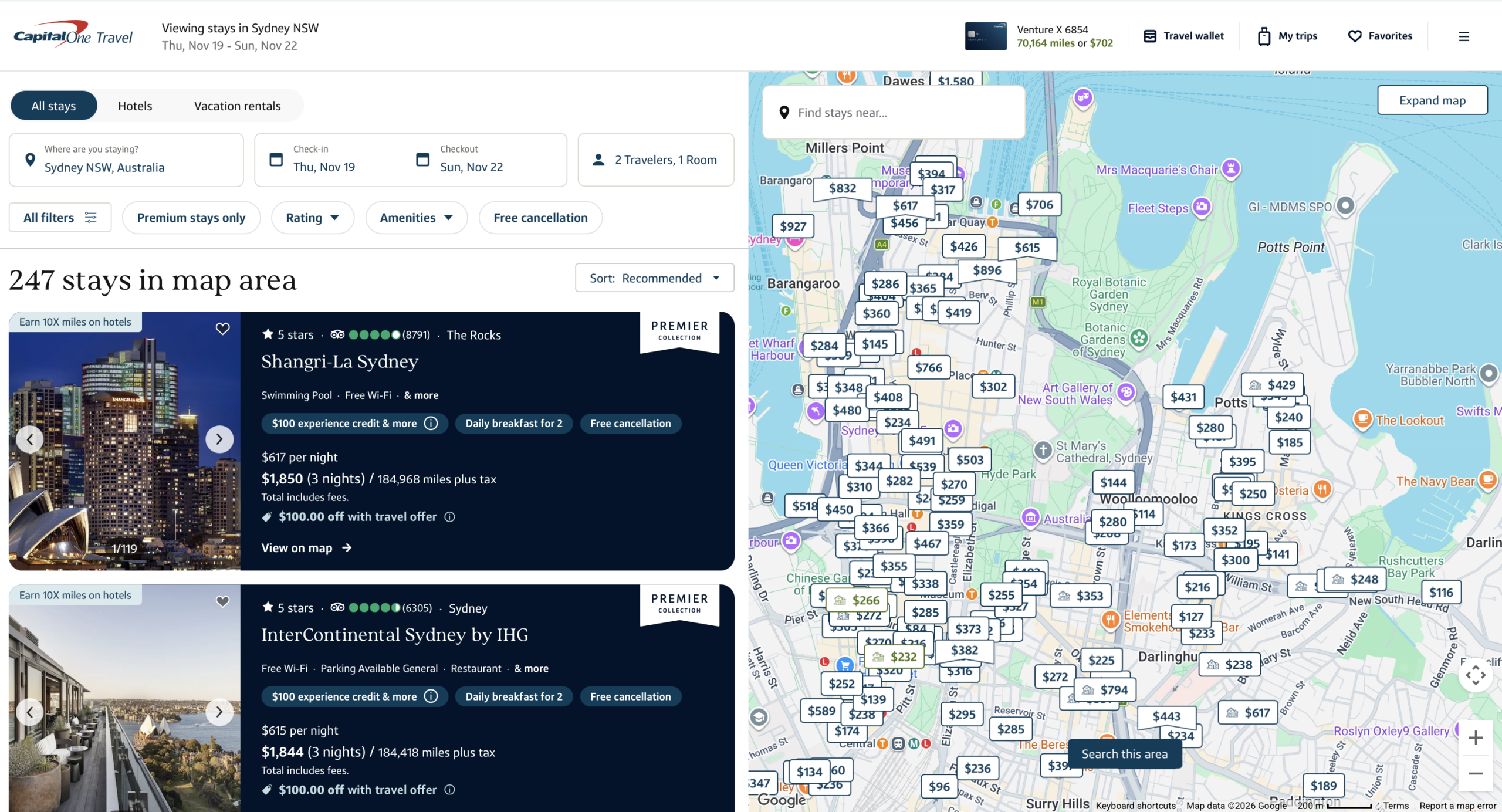 Capital One Travel search results for hotels in Sydney, Australia