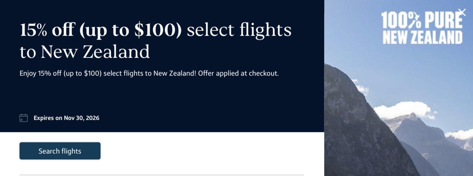 Capital One Travel offer for 15% off flights to New Zealand