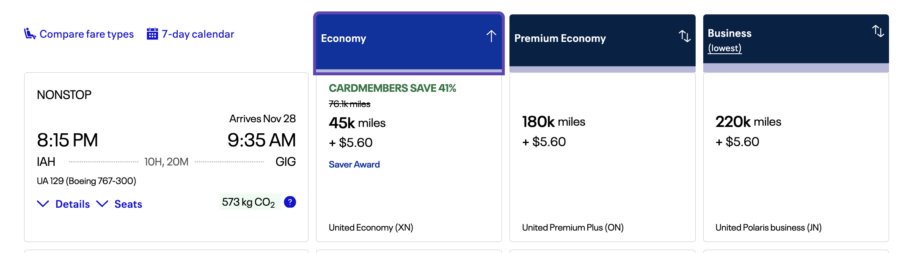 United award flight search results for a one-way flight from Houston to Rio