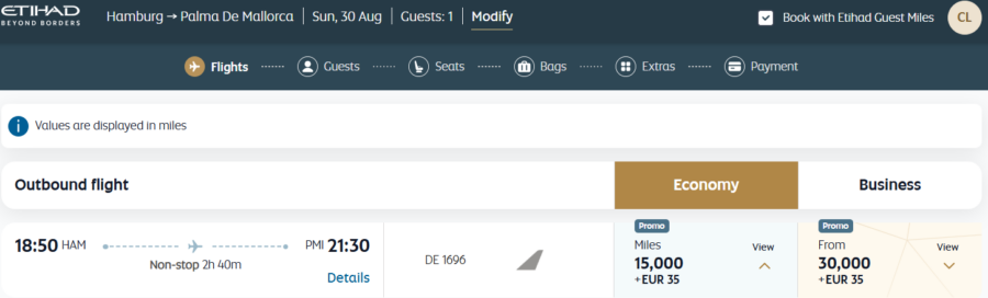 Hamburg to Mallorca booked with Etihad miles