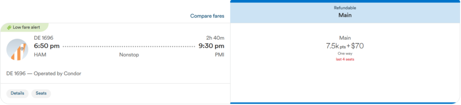 Hamburg to Mallorca booked with Alaska points. Screenshot of Alaska.