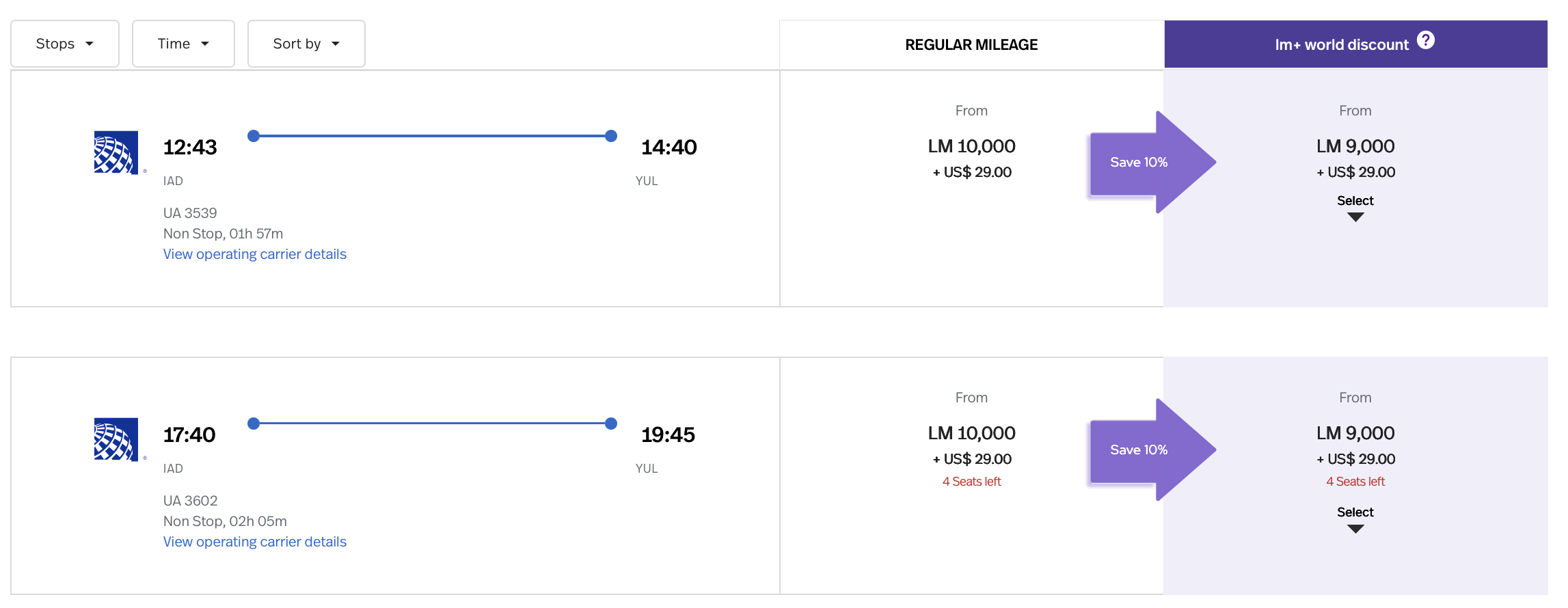 LifeMiles search result for a United flight from IAD to YUL