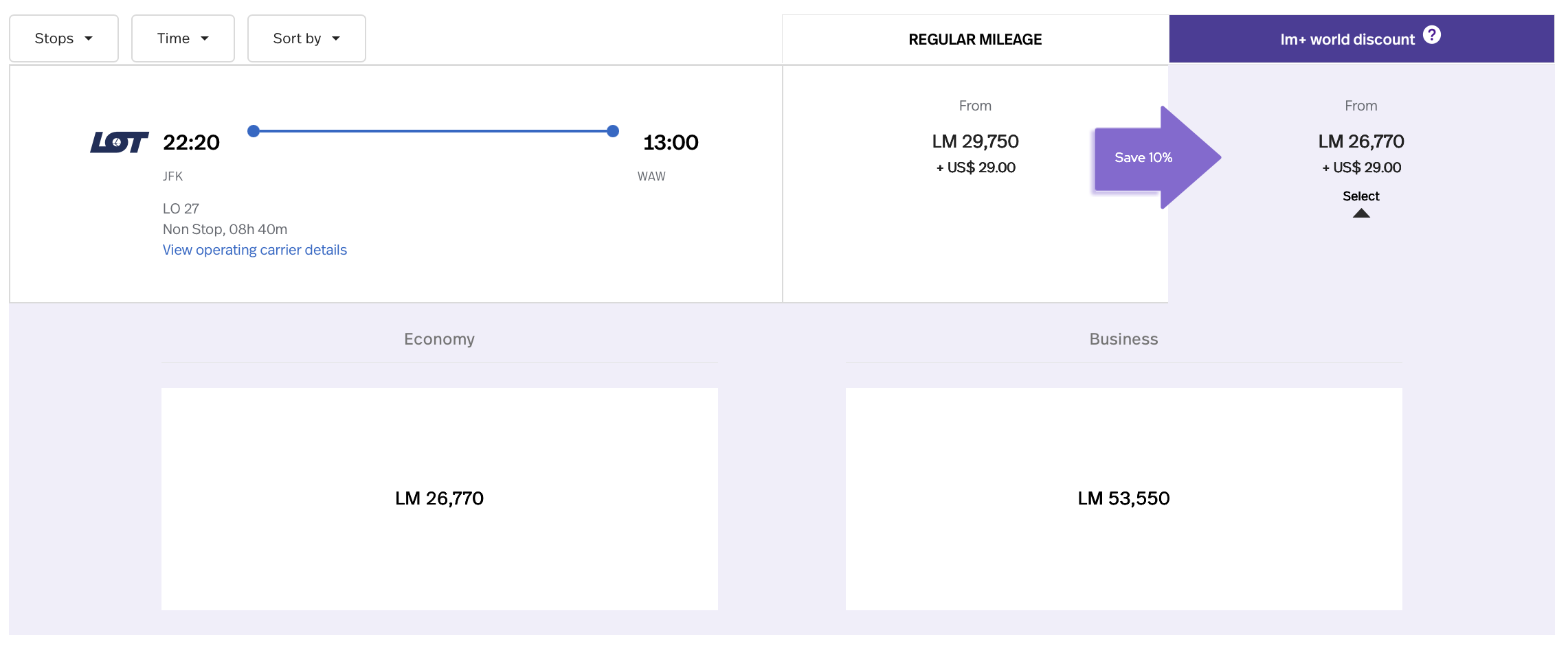 LifeMiles pricing for a LOT Polish-operated flight from JFK to WAW