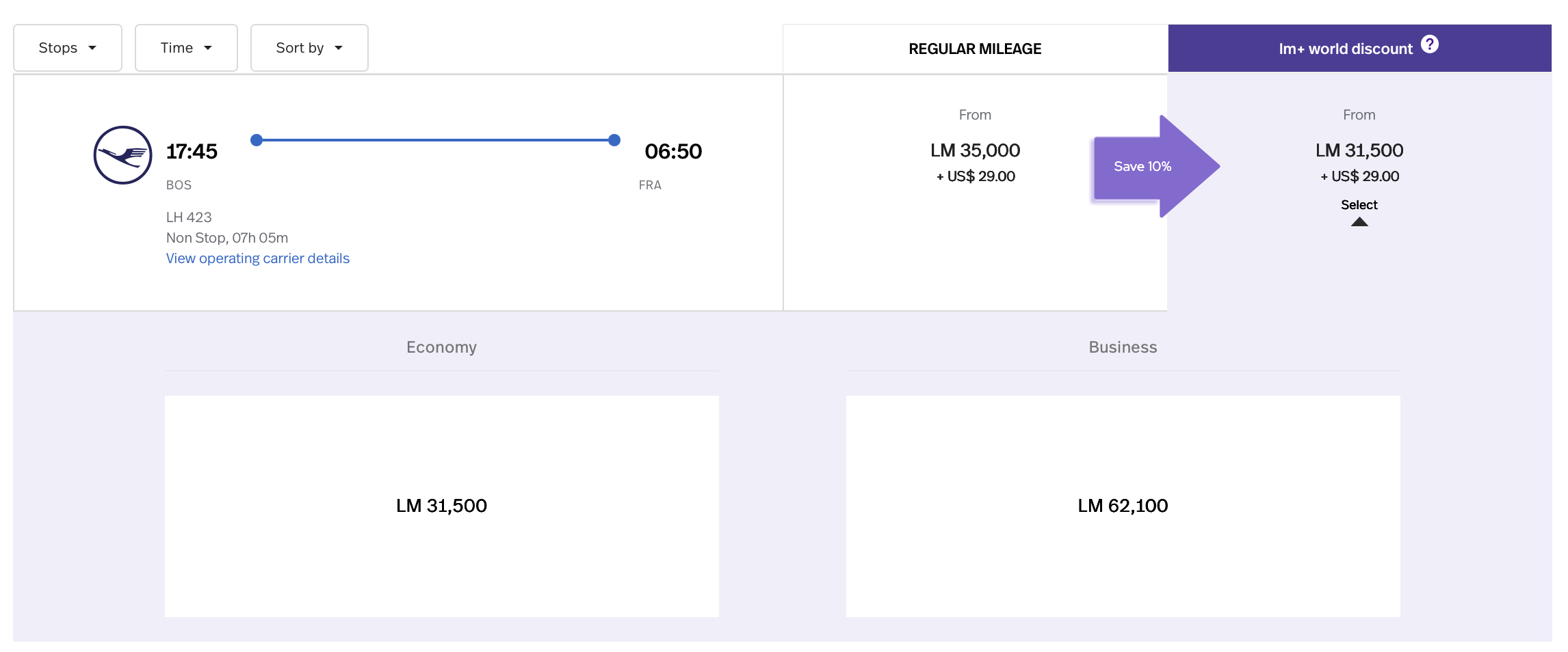 LifeMiles pricing for a Lufthansa-operated flight from BOS to FRA