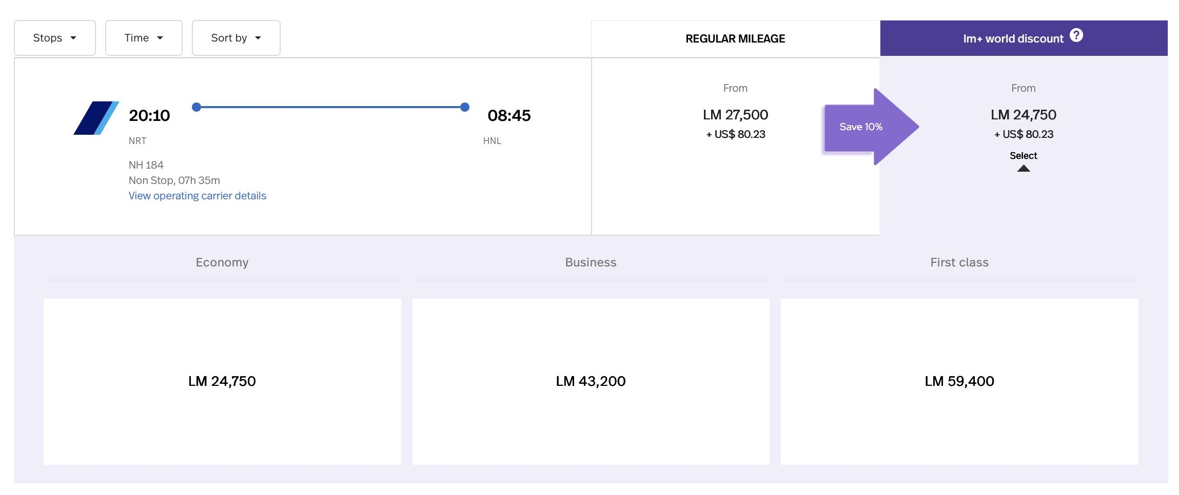 LifeMiles pricing for an ANA-operated flight from NRT to HNL