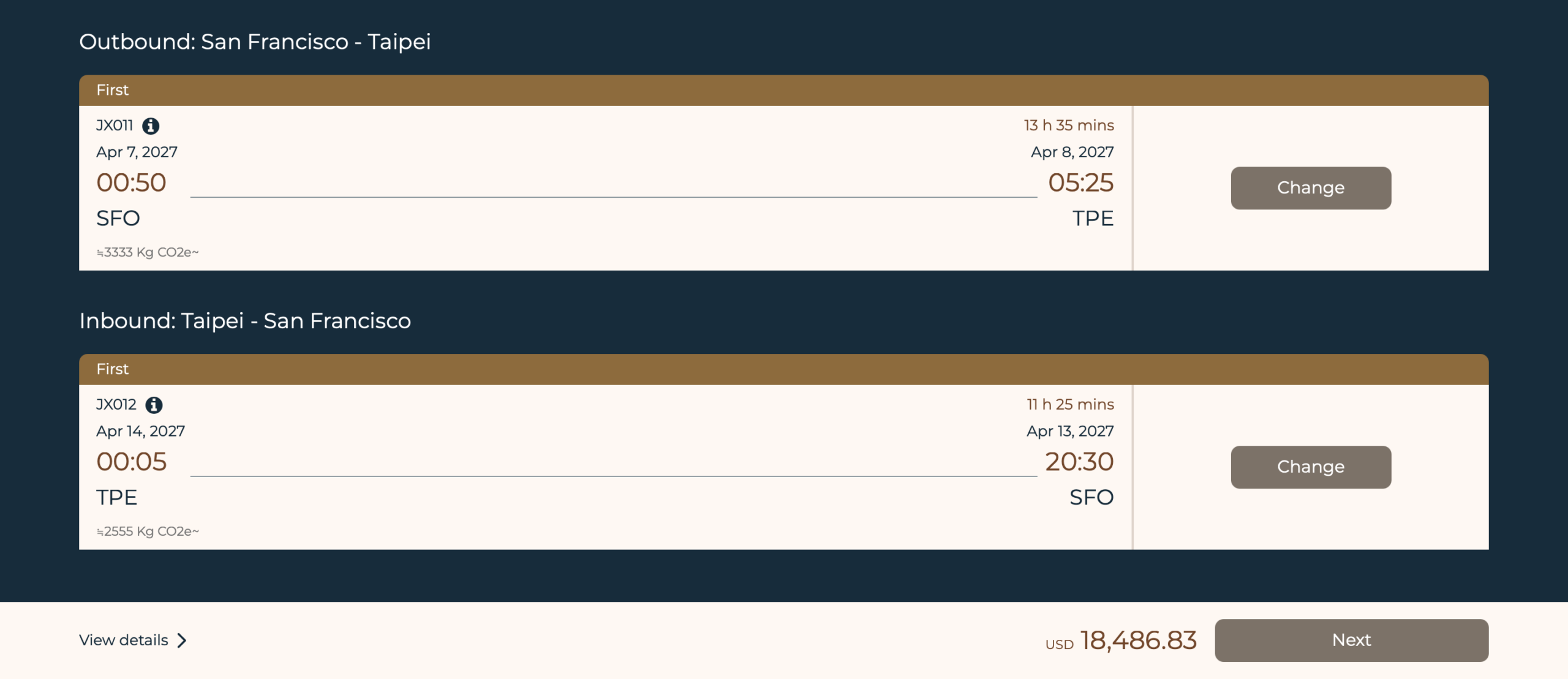 Starlux search results for SFO to TPE in first class