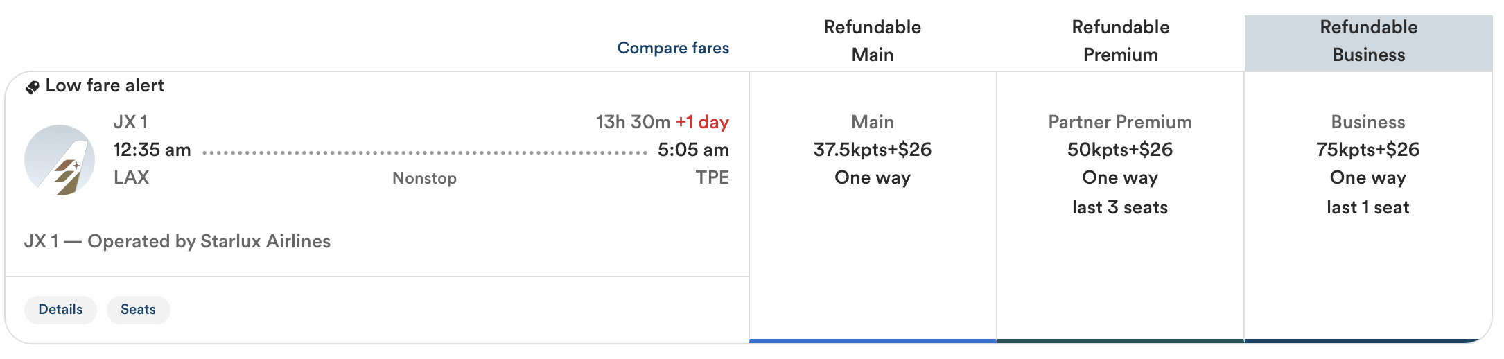 Atmos Rewards search results for a Starlux flight from LAX to TPE